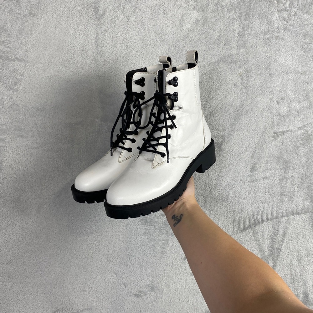 Steve Madden Grizzly White Leather Combat Boots Lug Sole Side Zip Mens 8M 1064